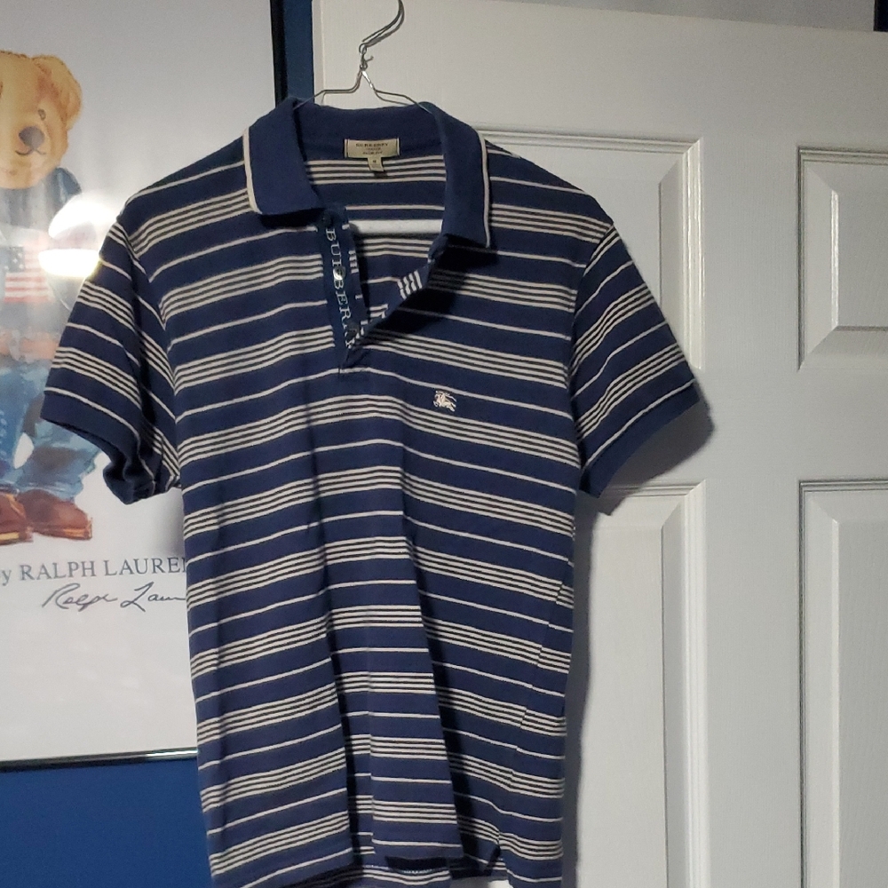 Burberry Blue and White Striped Polo Shirt